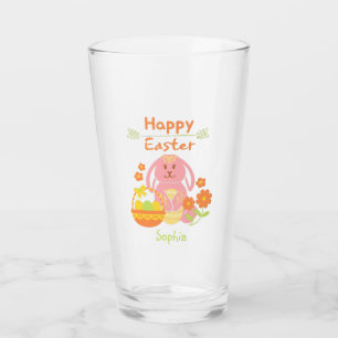 Feliz Conejo Rosa de Pascua y Vidrio de Flores