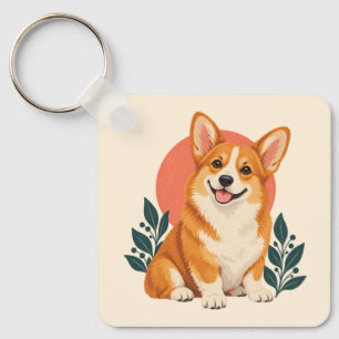 Feliz Corgi Dorado con Llavero de Sol Coral