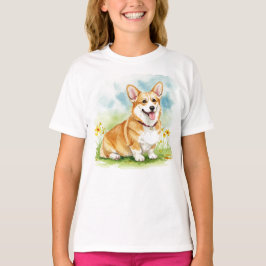 Feliz Corgi Mascota Cachorro Flores Camiseta
