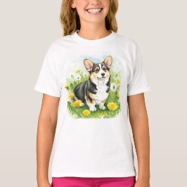 Feliz Corgi Mascota Cachorro Flores Camiseta