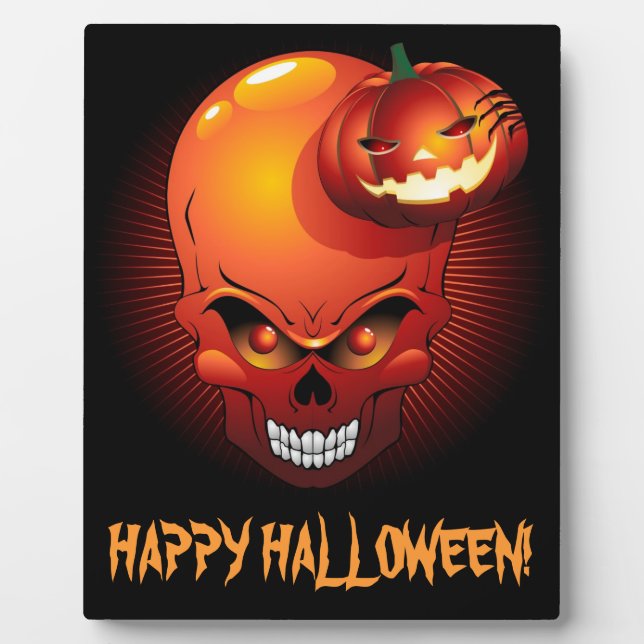 Feliz cráneo de Halloween y la placa de calabaza (Frente)