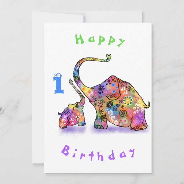 Feliz cumpleaños 1 - Madre feliz y bebé elefante (Anverso)