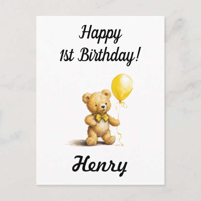 Feliz cumpleaños 1, tarjeta de oso de peluche pers (Anverso)