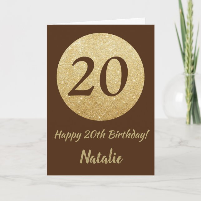 Feliz cumpleaños 20 tarjeta de brillo marrón y dor (Anverso)