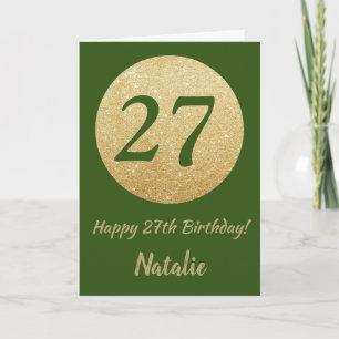 Feliz cumpleaños 27 tarjeta de brillo verde y dora
