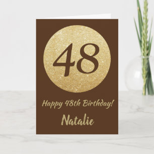 Feliz cumpleaños 48 tarjeta de brillo marrón y dor