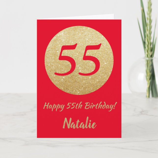 Feliz cumpleaños 55 tarjeta con brillo rojo y dora (Anverso)