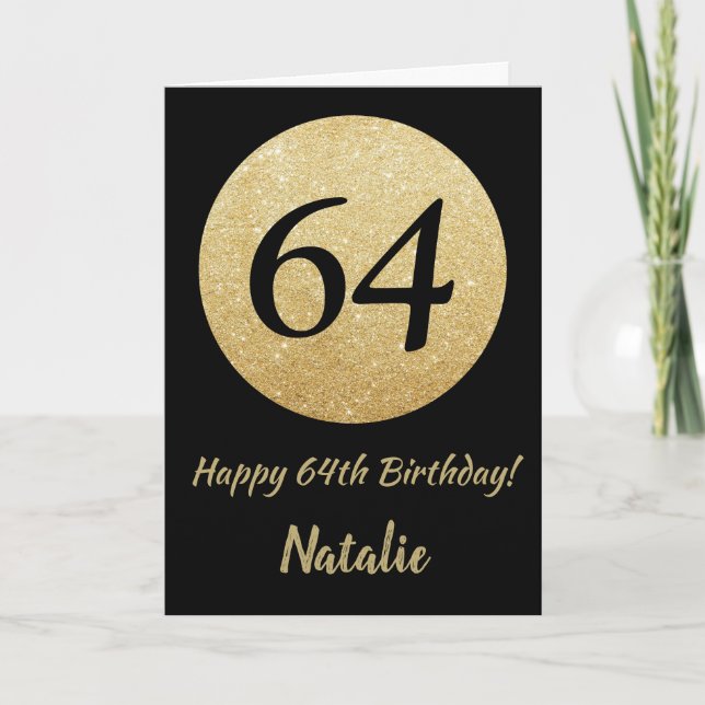 Feliz cumpleaños 64 tarjeta con brillo negro y dor (Anverso)