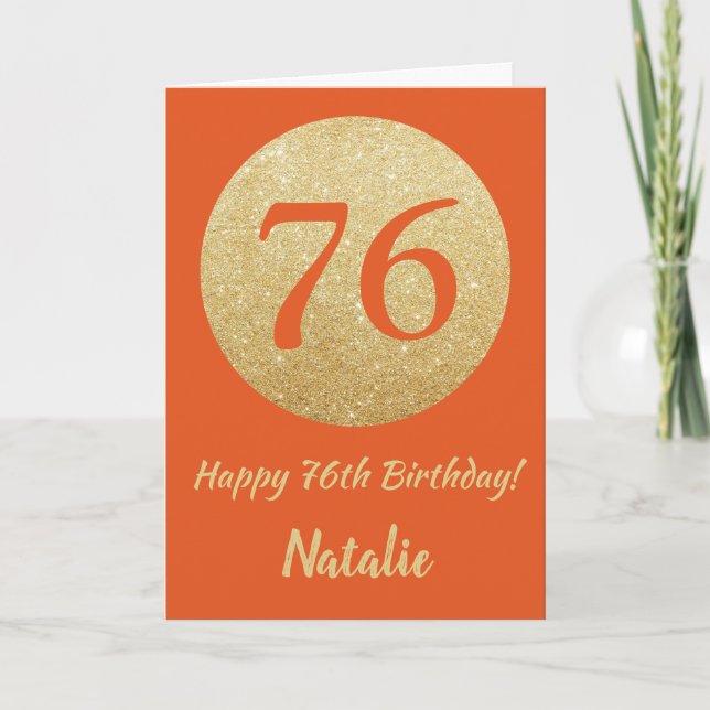Feliz cumpleaños 76 Tarjeta con brillo naranja y d (Anverso)