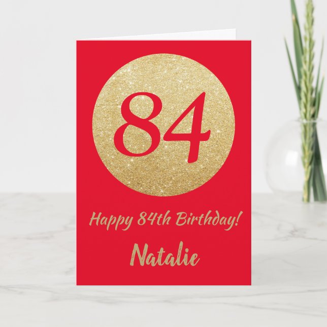 Feliz cumpleaños 84 tarjeta con brillo rojo y dora (Anverso)