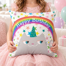 Feliz Cumpleaños Almohada Gato Lindo Arcoíris