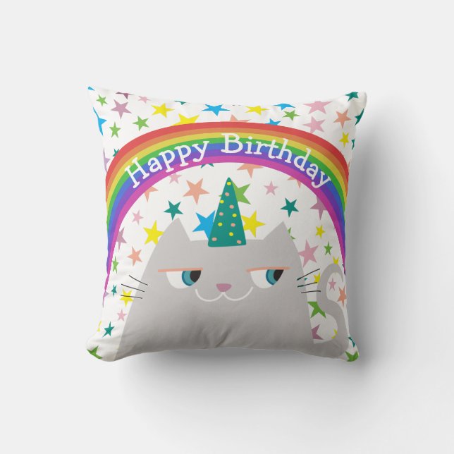 Feliz Cumpleaños Almohada Gato Lindo Arcoíris (Anverso)