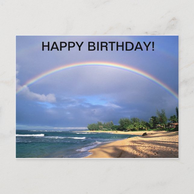 Feliz cumpleaños arco iris sobre postal de playa (Anverso)