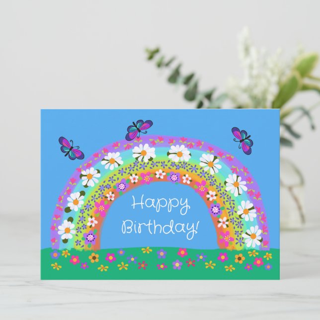 Feliz cumpleaños, arcoiris de mariposas florales (Anverso de pie)