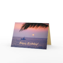 Feliz cumpleaños, barco de pesca, tarjeta tropical