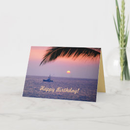 Feliz cumpleaños, barco de pesca, tarjeta tropical