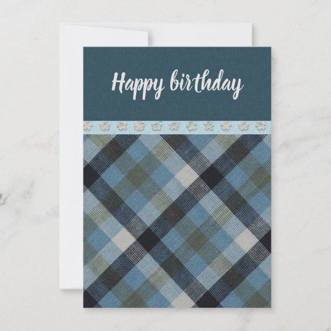 Feliz cumpleaños Blue Tartan Flat Tarjeta de salud (Anverso)