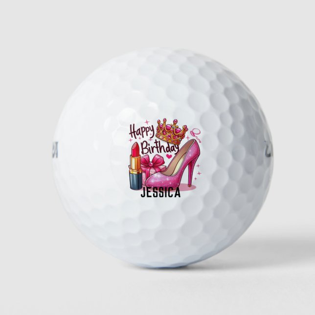Feliz Cumpleaños Bola de Golf Glam – Tacones Rosas (Anverso)