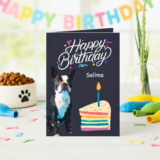 Feliz cumpleaños Boston Terrier y tarjeta de paste (Happy Birthday Boston Terrier and Cake Card)