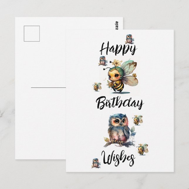 FELIZ CUMPLEAÑOS BÚhos y Abejas | Tarjeta postal (Anverso / Reverso)