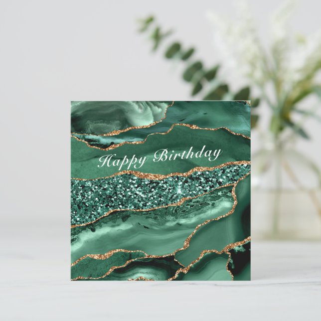 Feliz Cumpleaños Card Agate Green Gold Marble (Anverso de pie)