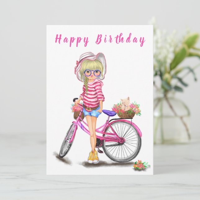 Feliz Cumpleaños - Chica Rubia Linda con Bicicleta (Anverso de pie)