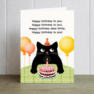 Feliz cumpleaños con gato, torta y velas