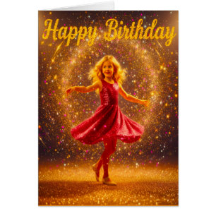 Feliz Cumpleaños con joven niña bailando y brillo