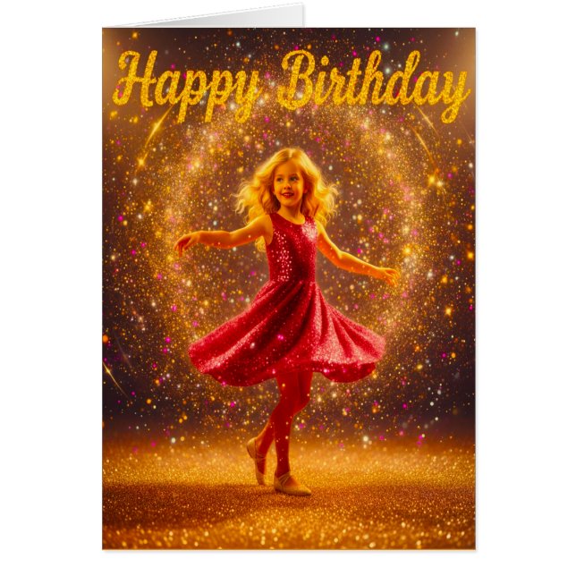 Feliz Cumpleaños con joven niña bailando y brillo (Frente)