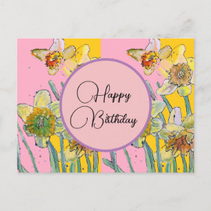 Feliz Cumpleaños Daffodil floral Rosa Tarjeta Post