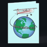 Feliz cumpleaños de Brother con la tarjeta grande<br><div class="desc">Dígale el hermano que él es el mejor hermano del mundo con esta tarjeta que ofrece un aeroplano que circunda el mundo. Para el tipo a juego "aeroplano de los artículos del penguincornerstore" en la barra de la búsqueda de Zazzle.</div>