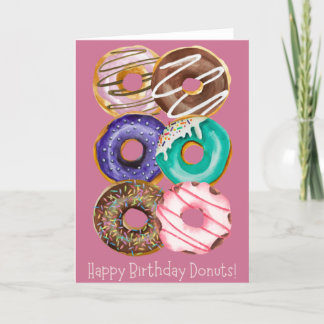 Feliz cumpleaños, donuts glaseados tarjeta de salu