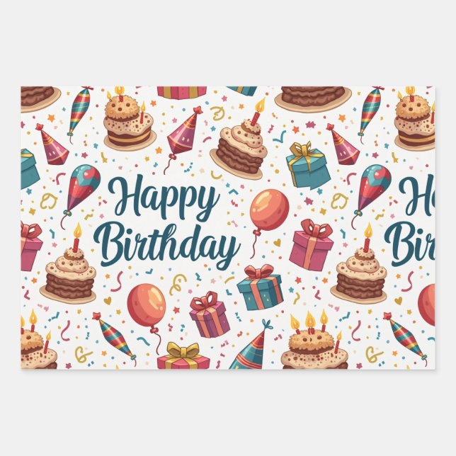 Feliz cumpleaños envolviendo hojas de papel con gl (Anverso)