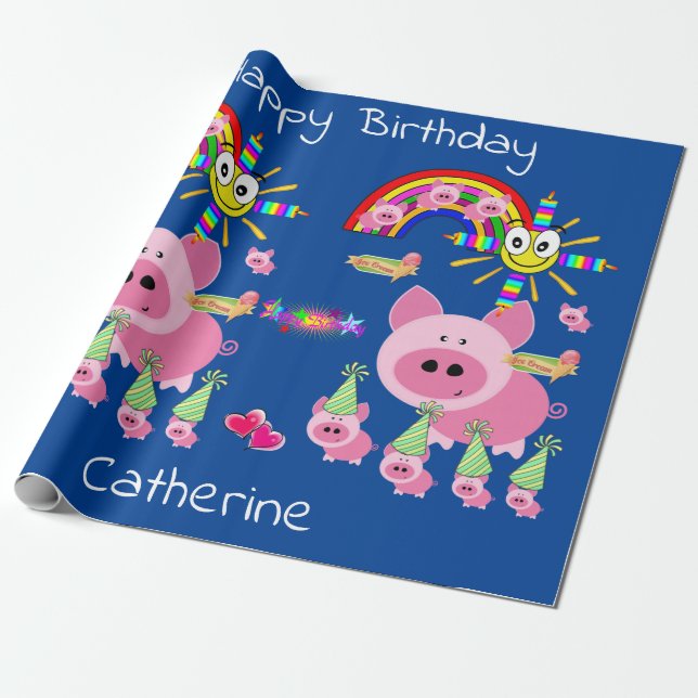 Feliz cumpleaños envuelto de papel de cerdo rosado (Desenrollado)
