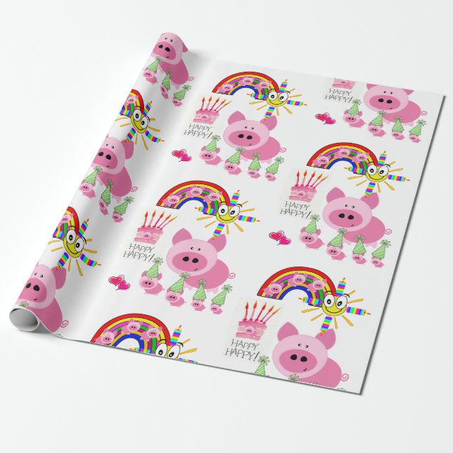 Feliz cumpleaños envuelto de papel de cerdo rosado (Desenrollado)