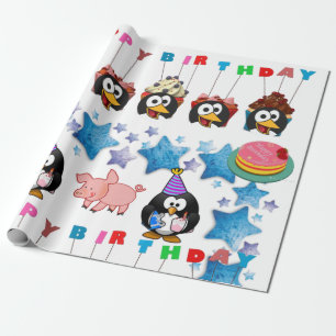 Feliz cumpleaños envuelto de papel de pingüino