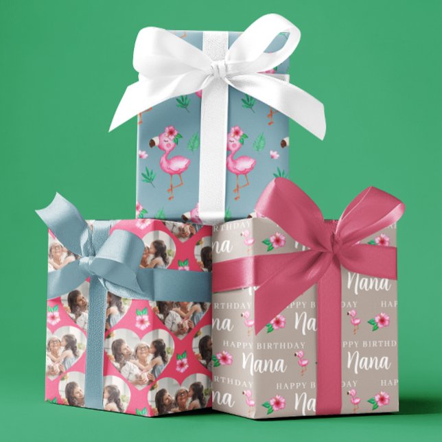 Feliz cumpleaños Flamingo Hojas de Papel de rellen (Celebrate Nana with these personalized photo flamingo wrapping paper sheets! )