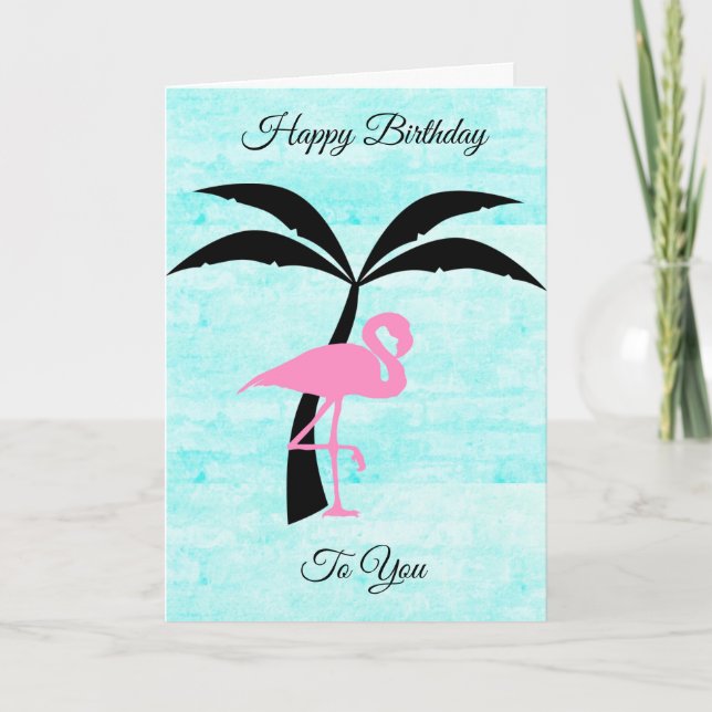 Feliz cumpleaños Flamingo y tarjeta de palmera (Anverso)
