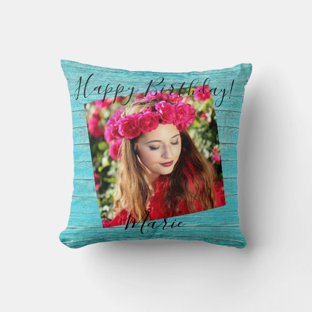 Feliz cumpleaños. Foto Rústico Cojín decorativo de (Anverso)