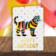 Feliz Cumpleaños Gato Tigre Colorido Lindo Blanco