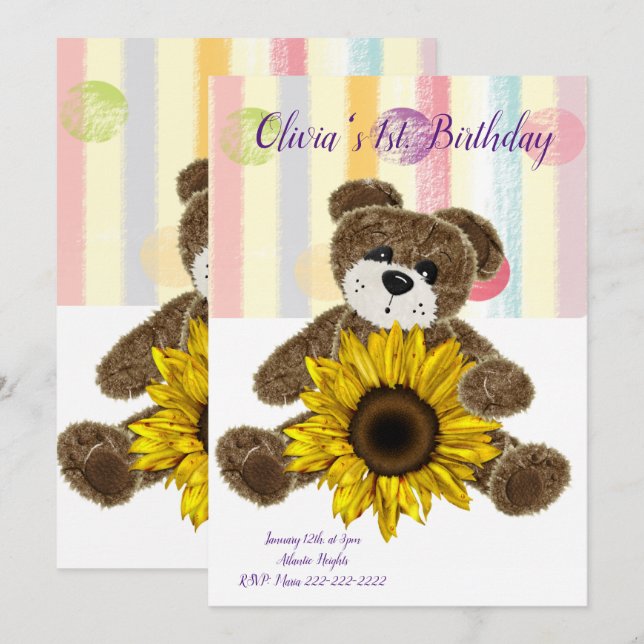 Feliz cumpleaños Invitación Teddy Bear Pastel Stri (Anverso / Reverso)