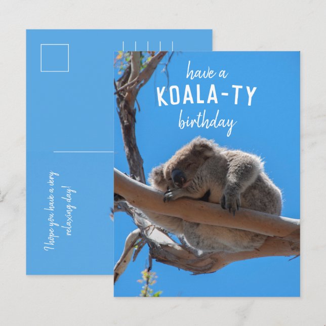 Feliz cumpleaños koala, divertida postal azul (Anverso / Reverso)