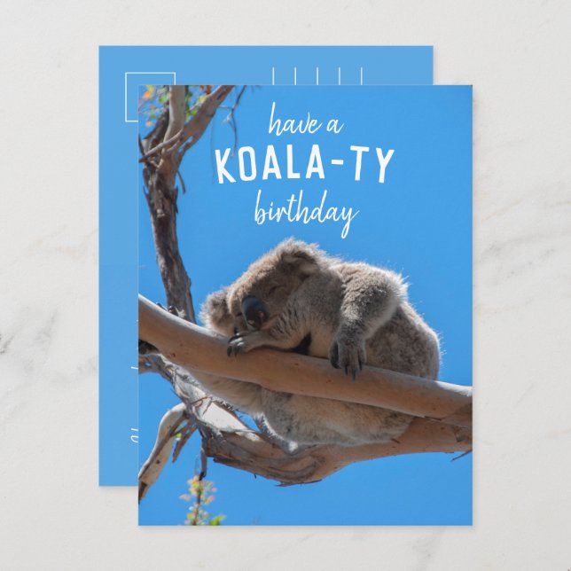 Feliz cumpleaños koala-ty, divertida postal azul (Anverso / Reverso)