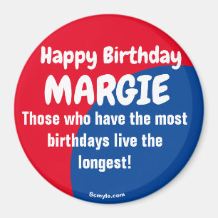 Feliz cumpleaños MARGIE gran imán rojo/azul