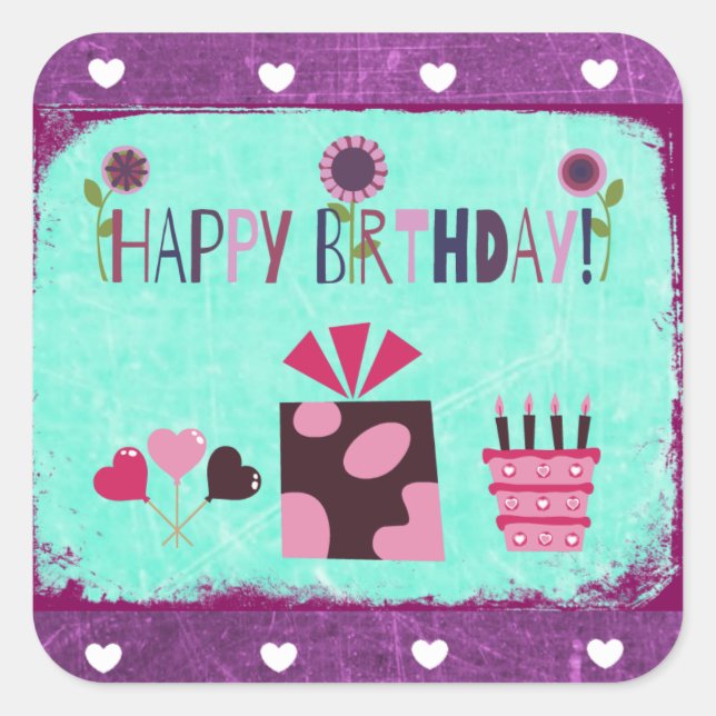 Feliz cumpleaños morado Pegatinas Verde azulados d (Anverso)