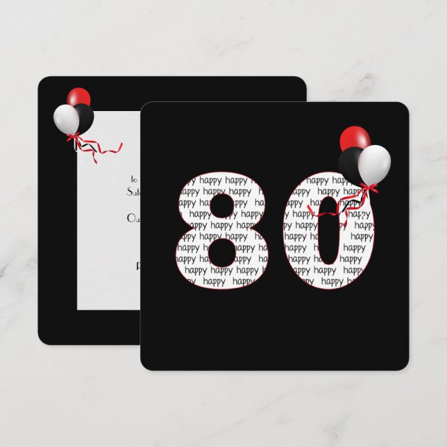 Feliz cumpleaños número 80 en invitación negra (Anverso / Reverso)