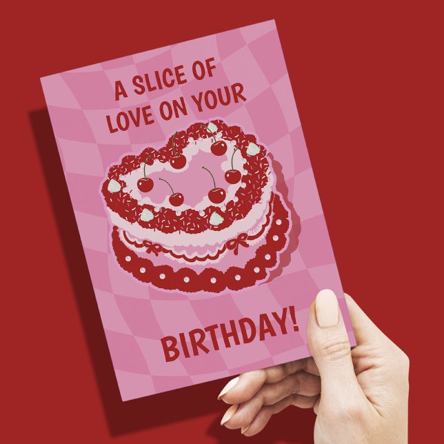 Feliz cumpleaños Pastel de postales de tarjeta de  (Happy Birthday Cake Postcard Heart Cherries)