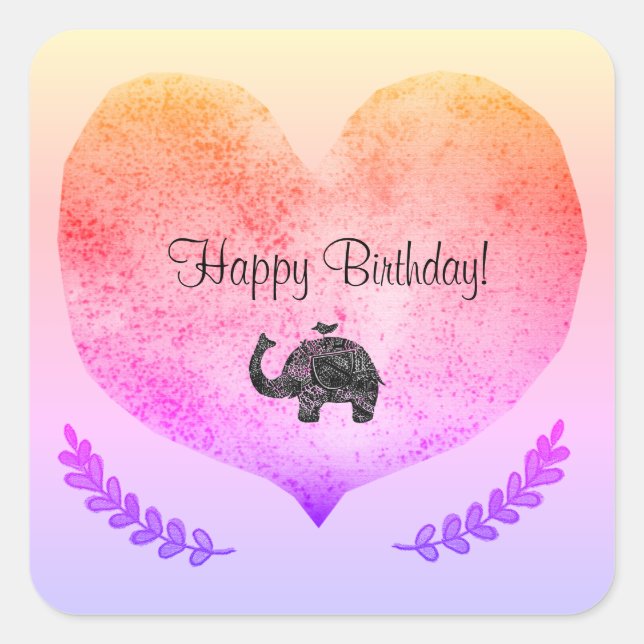 Feliz cumpleaños Pegatina de Elefante de Corazón B (Anverso)