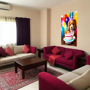 Feliz cumpleaños, perro y torta   Poster de arte d