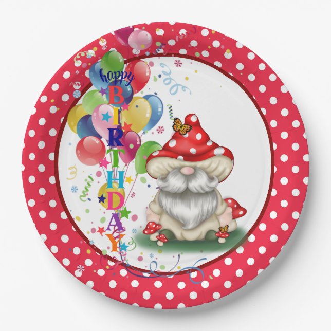 Feliz Cumpleaños Plato de Papel Gnomo Hongo (Anverso)